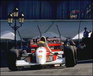 Ayrton Senna on his way to victory in his McLaren-Ford in the 1993 Monaco Grand Prix