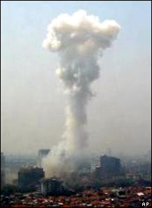 Smoke billows following a blast outside the Australian Embassy