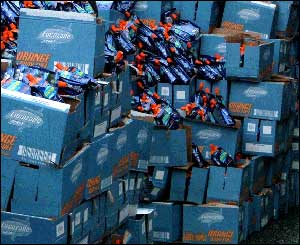 Bottles of drink waiting to be distributed