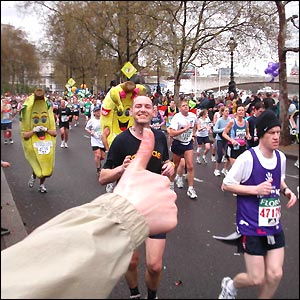 Simon Davis from Caerphilly get the thumbs up from Gerard O'Grady - he gave the bananas the slip to finish in 4hrs 30mins
