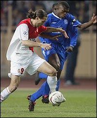 Chelsea's Marcel Desailly tries to slide in a tackle on Monaco's Dado Prso 