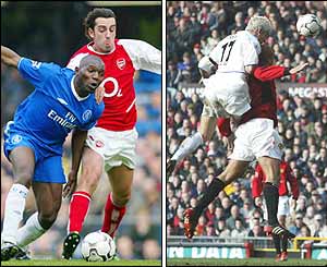 Goalscorer Edu charges past Chelsea's Geremi (left) whilst Alan Smith nods home for Leeds (right)