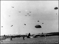 British paratroopers land in the outskirts of the city of Arnhem, in eastern Netherlands in September 1944
