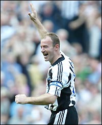 Alan Shearer celebrates his fine goal for Newcastle