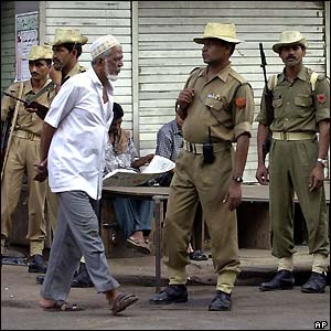 Tight security at a polling station in downtown Bombay