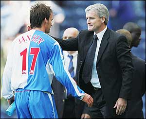 Mark Hughes congratulations matchwinner Matt Jansen 