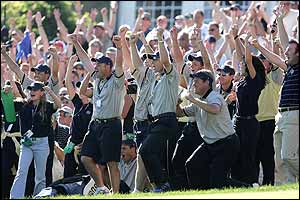 The European team jump for joy at Montgomerie's winning putt
