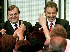 John Prescott and Tony Blair are congratulated by supporters