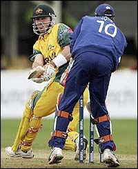 Australia's Damien Martyn sweeps the ball past England keeper Geraint Jones 