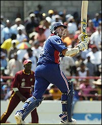 England's Marcus Trescothick hits a six