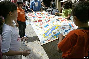 Greek Cypriot children with their drawing in Nicosia's Old City