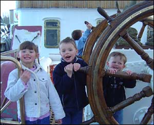 Harry, Jasmine and Joshua Axon on the Sedov in Milford Haven Harbour (Paul Axon)