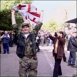 Mr Abashidze's militiaman joins the supporters of Georgian President Mikhail Saakashvili