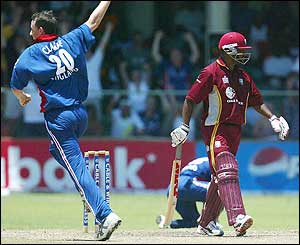 Rikki Clarke celebrates claiming Brian lara's wicket