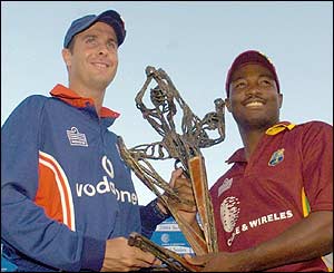 Engalnd captain Michael Vaughan and his West Indian counterpart share the Cable and Wireless trophy