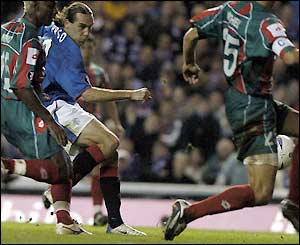 Croatian Dado Prso puts Rangers 1-0 up on the night but makes it 1-1 on aggregate