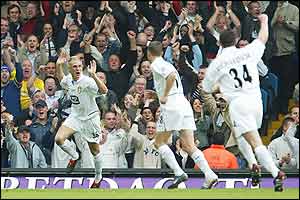 Leeds fans celebrate Kilgallon's equaliser
