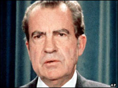 President Nixon speaking to the White House press corps