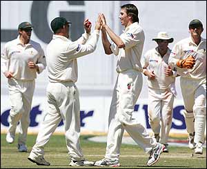 McGrath celebrates Harbhajan's dismissal