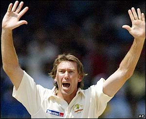 Australia's Glenn McGrath removes Virender Sehwag