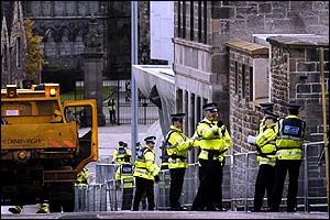 Police were out in force from the early hours putting up barricades and closing off roads