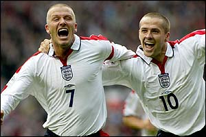 Beckham celebrates scoring England's second