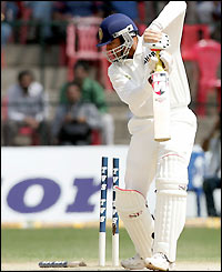 Anil Kumble is bowled by Mike Kasprowicz for two as India are reduced to 125-8