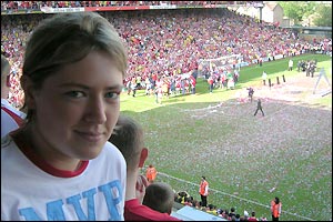 This is Becky Wilson sitting in the West Stand at Highbury during the title celebrations - 'we are unbeatable' says Mark Wilson