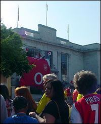 Sarah Barraclough sees Islington Town Hall draped in an enormous Arsenal shirt as the celebrations continue