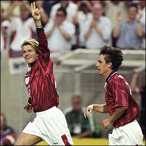 Beckham celebrates his first England goal