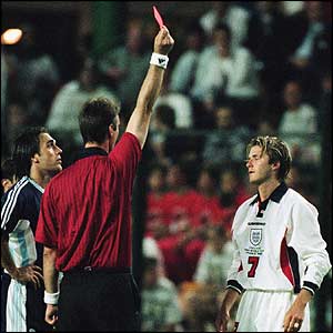 Beckham is sent off against Argentina