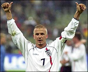 Beckham celebrates England's 5-1 win in Germany