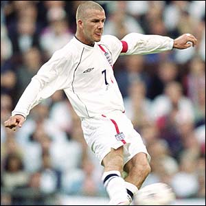 Beckham bends his free-kick to perfection against Greece