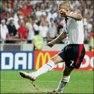 Beckham's penalty goes over the bar against Portugal