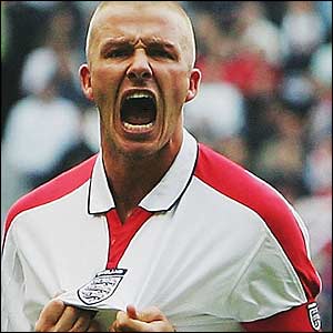 Beckham celebrates his goal against Wales