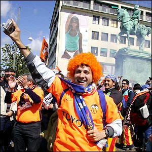 Valencia fans get into the spirit of things in Gothenburg as they look forward to the Uefa Cup final 
