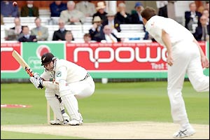 Chris Cairns offers some resistance for New Zealand as the wickets start tumbling