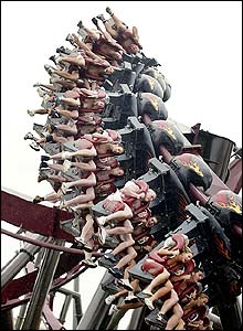 British students riding a roller coaster naked at Thorpe Park in Surrey