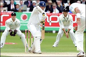 Marcus Trescothick plays a defensive shot as he opens for England