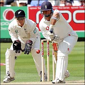 Nasser Hussain plays a defensive shot at Lord's