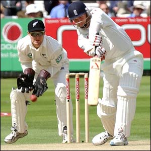 Matthew Hoggard attacks a Daniel Vettori delivery