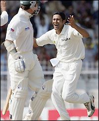 Justin Langer makes 19 before falling to Anil Kumble - leaving Australia on 53-1