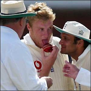 Andrew Flintoff and Mark Butcher enjoy the beery aroma of the match ball