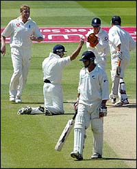 England celebrate claiming the wicket of Scott Styris