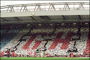 The Kop stand at Anfield pay tribute to Liverpool manager Gerard Houllier