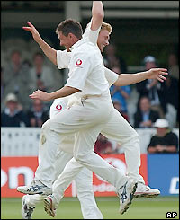 Ashley Giles celebrates taking his third wicket of the afternoon