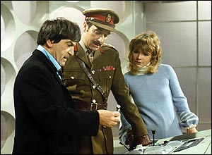 Patrick Troughton (left), Nicholas Courtney and Katy Manning