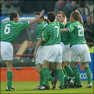 Matt Holland celebrates after scoring the winner for Ireland