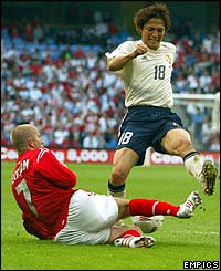 England captain David Beckham tackles Shinji Ono