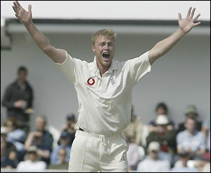 Andrew Flintoff celebrates the wicket as Papps is finally dismissed for 86, leaving New Zealand on 202-2